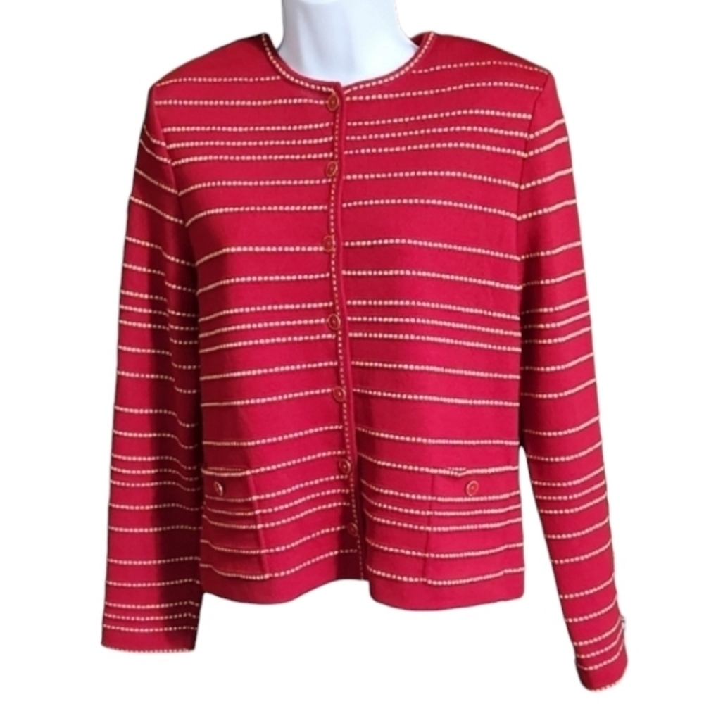 St. John Red and Gold Striped Cardigan Sweater
